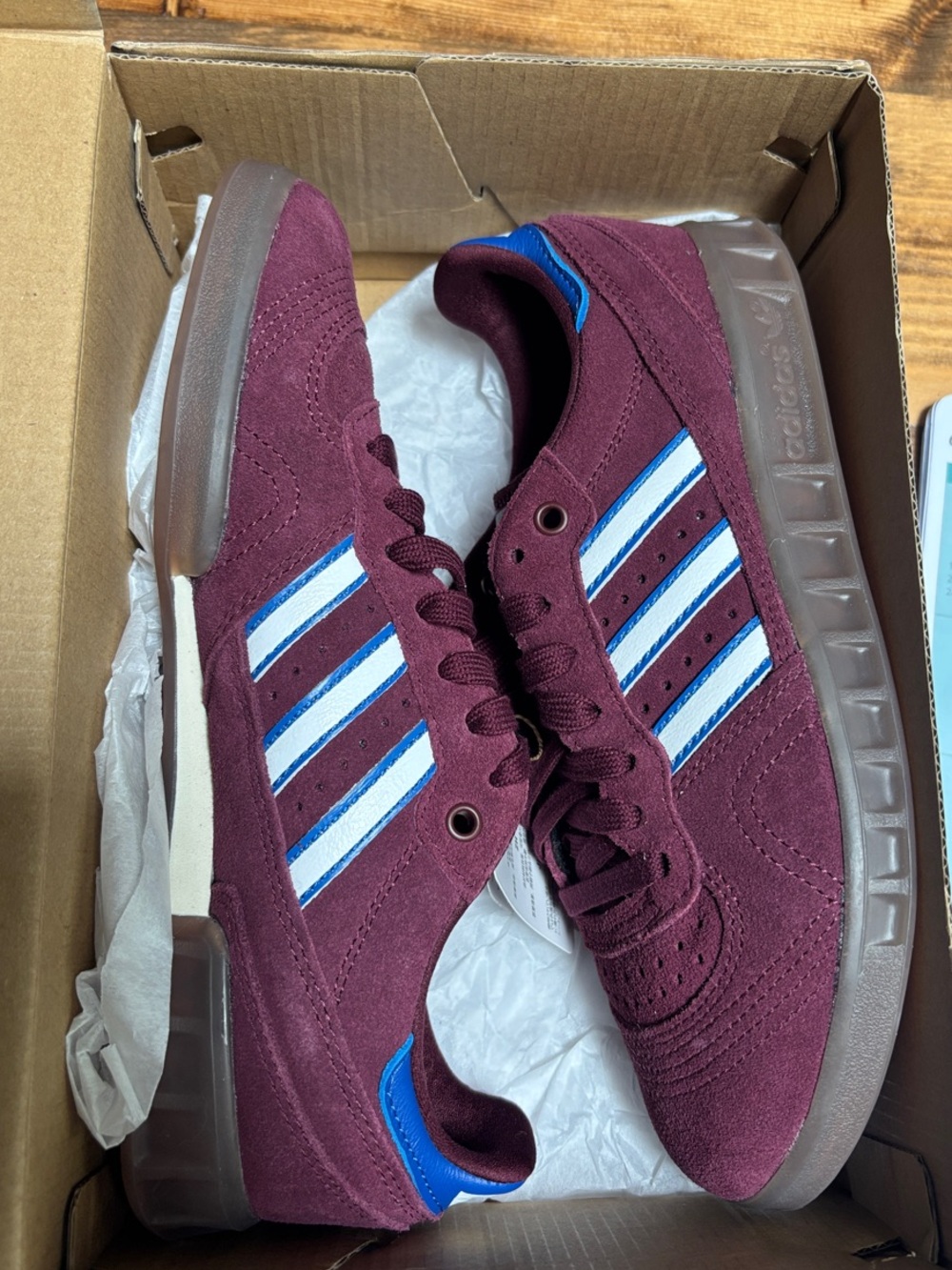 adidas maroon Handball Top Suede Sneakers with Light Blue Stripes